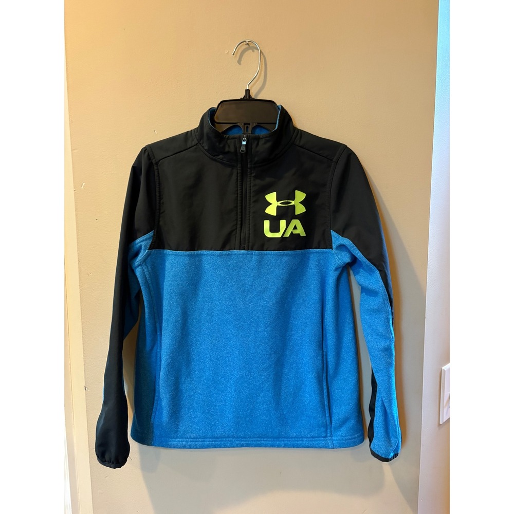 Under Armour Boys ColdGear Quarter Zip Pullover Blue Black Fleece Jacket Size M